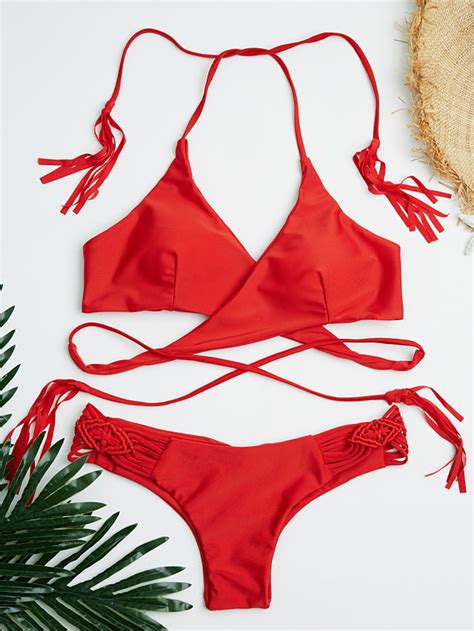 mujer halter rojo envuelva tanga bikini bañadores un color cruzado s