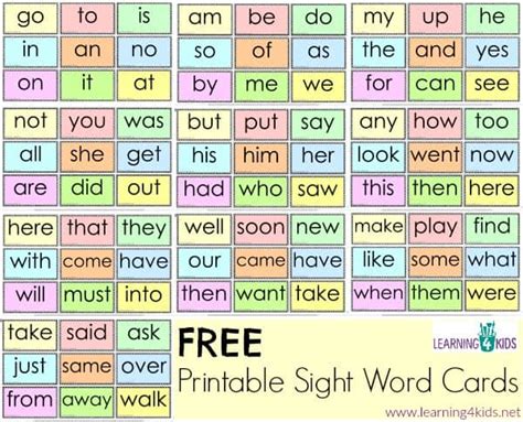 printable sight word cards learning  kids