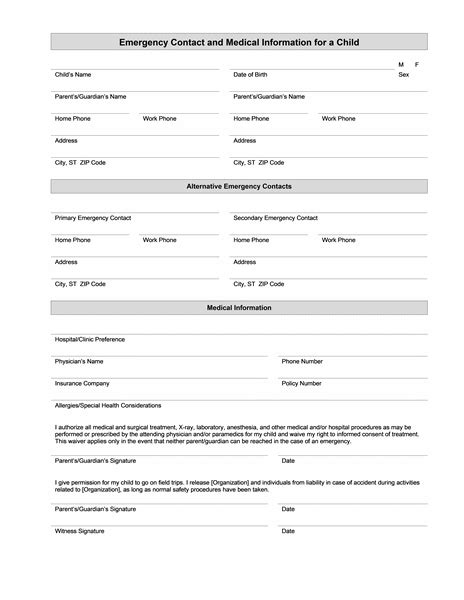 childs emergency contact  medical information templates