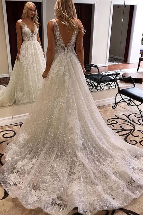 Luxurious Ball Gown V Neck Open Back Ivory Lace Wedding Dresses Sequins