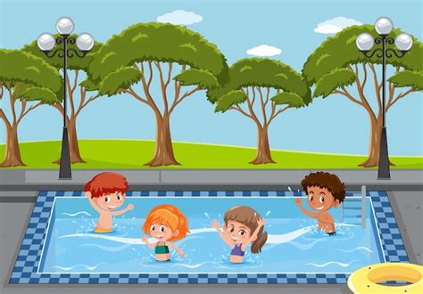 premium vector outdoor swimming pool scene  children