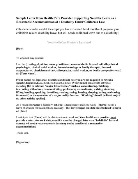 letter supporting disability leave california  word   formats