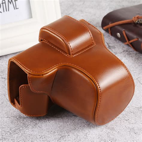 oil skin pu leather camera full body case bag with strap for olympus em10 iii brown