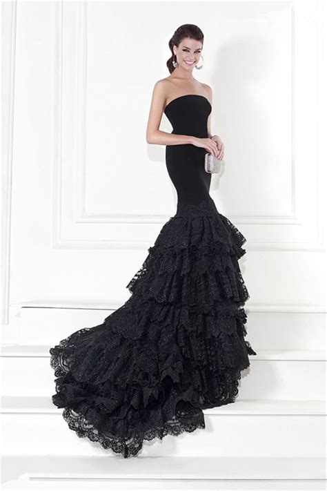 Mermaid Strapless Black Satin Lace Ruffle Tiered Prom Dress