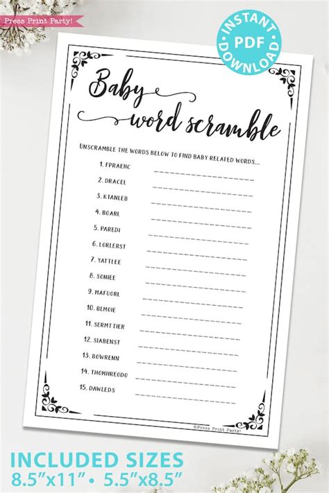 baby word scramble baby shower game printable answer key etsy