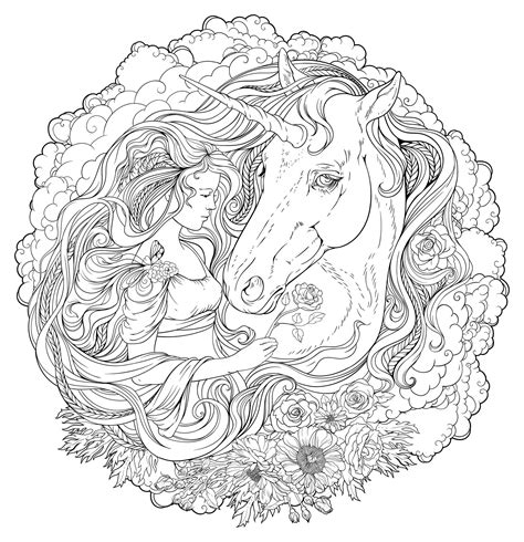 unicorn  girl  clouds unicorns adult coloring pages