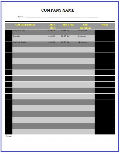 call log templates   printable word excel formats templates