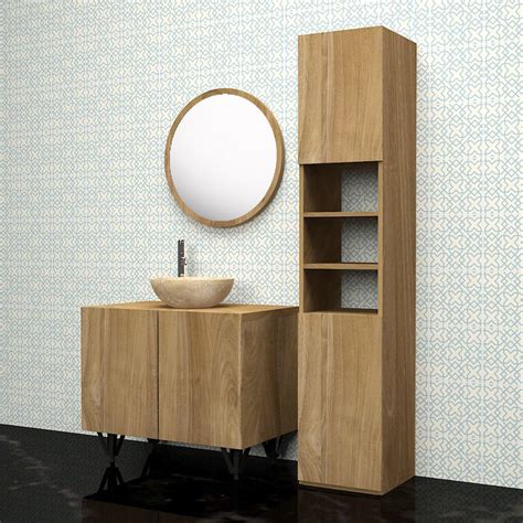 ensemble de salle de bain en bois de teck  meuble colonne vasque miroir bois dessus