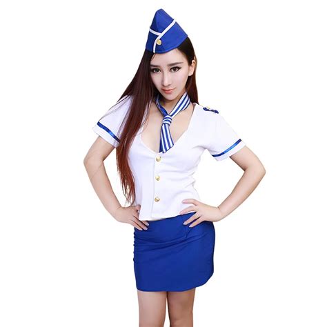 Hot Girl Sexy Air Hostess Uniform Blue And White Outfit Airline