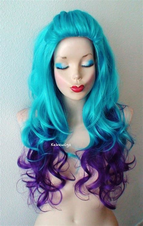 teal blue purple ombre wig 26 curly hair side bangs