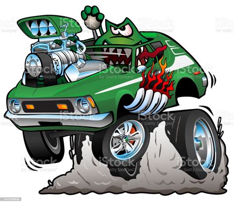 Seventies Green Hot Rod Funny Car Cartoon Vector