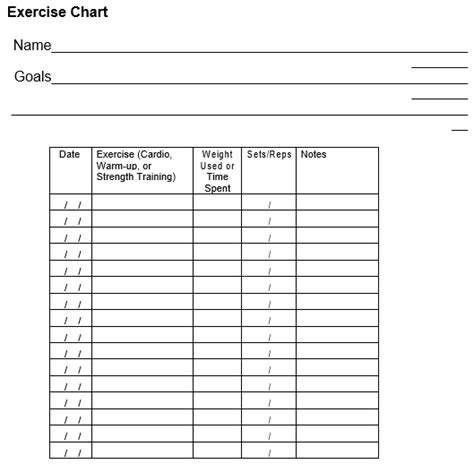 printable exercise chart templates excel word  collections