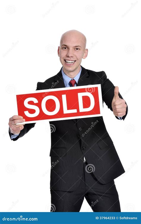 real estate man holding  sold sign stock image image  beautiful