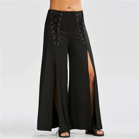 women 2017 novelty high slit palazzo pants loose mid waist long