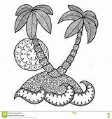 Zentangle Coloring Zen Sea Doodle Tangle Palm Island Trees Book Zendoodle Islet Sun Ocean Vector Isle Holidays Zenart Designlooter Adult sketch template
