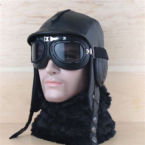 Leather Aviator Hat And Goggles Pilot Cap Ww2 Military Style