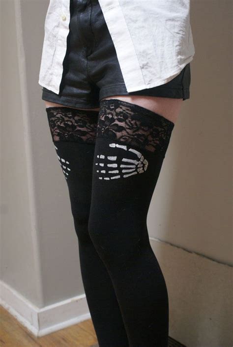 white skeleton hand printed lace thigh high knee sock rocker steampunk chic hosiery free