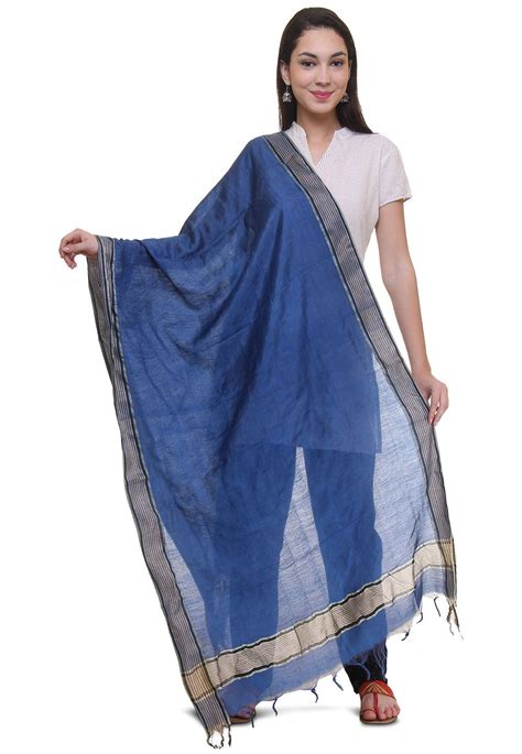 cotton silk dupatta  blue  ends  enhanced  fringes  ends