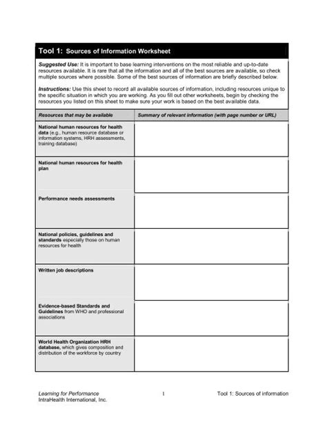 tool  sources  information worksheet intrahealth international