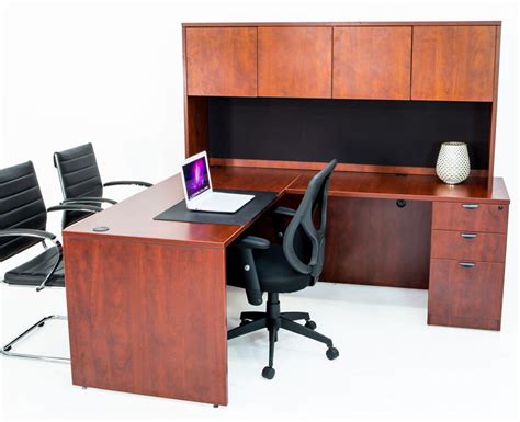 shaped desk  file pedestal  hutch cherry  office