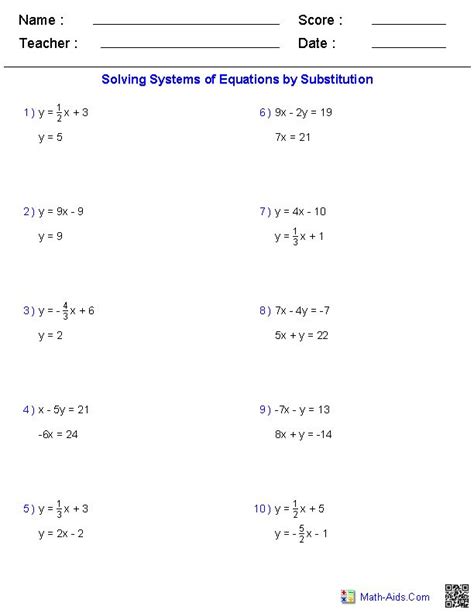 systems  equations  easy printable worksheet  practice