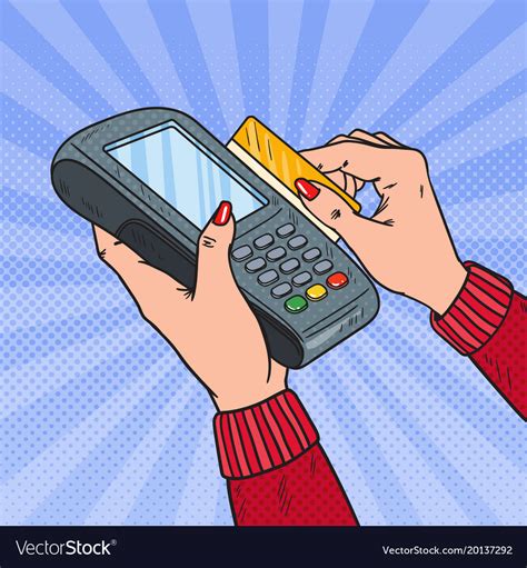 pop art female hands swiping credit card terminal vector image