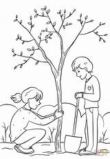Planting Tree Drawing Coloring Girl Boy Printable sketch template