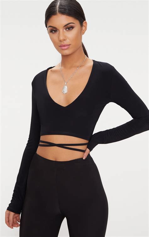 black slinky long sleeve tie waist crop top prettylittlething aus