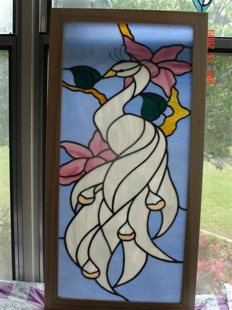 Custom Framed White Peacock Stained Glass Panel By