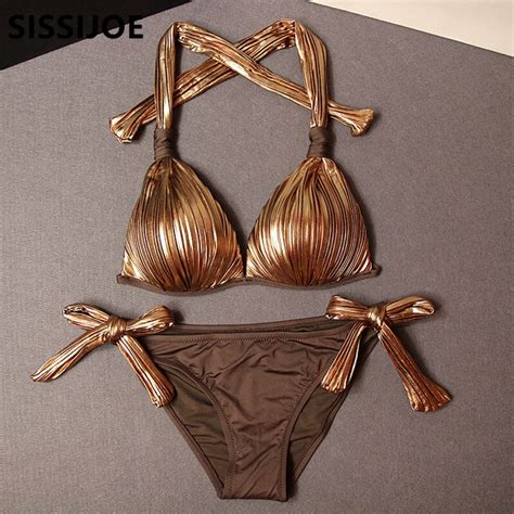 Sexy Bikinis Women Swimsuit Gold Silver Cut Out Bathing Suits Push Up