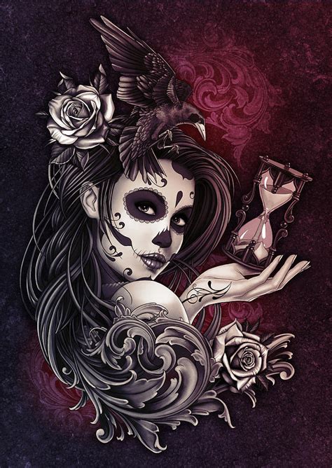 tattoo style sugar skull girl with bird digital art by ben krefta