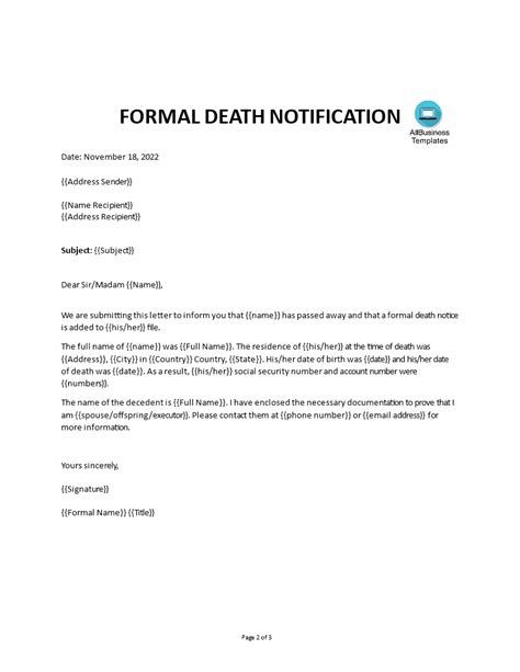 kostenloses death notification letter sample