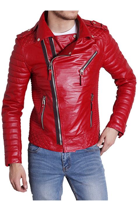 men s padded sleeve red leather motorcycle jacket