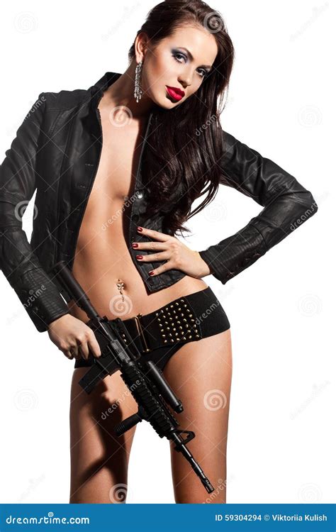 woman   gun  hands stock photo image  danger