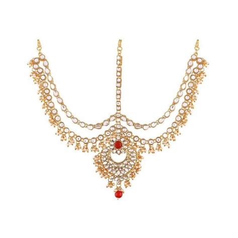 peora traditional 18k gold plated red kundan pearl maang tikka matha