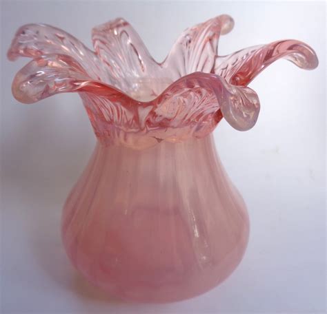 Victorian Opalescent Pink Glass Vase With Applied Leaf Top Kralik