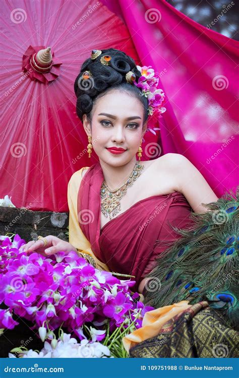 Beautiful Thai Girl In Traditional Dress Costume In Choeng Tha A Stock