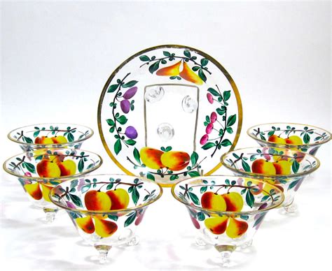 Antique Bohemian Moser Enamelled Glass Set Of Bowls With Applied Scrol