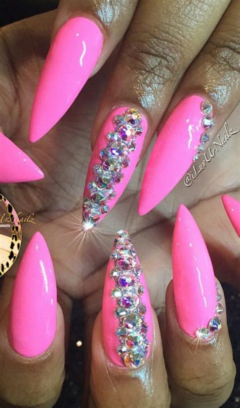 Pink Neon Stiletto Rhinestone Nails Design Bright Nail