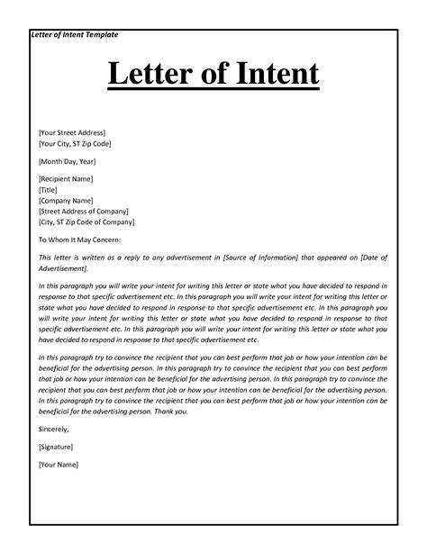 letter  intent format  printable documents