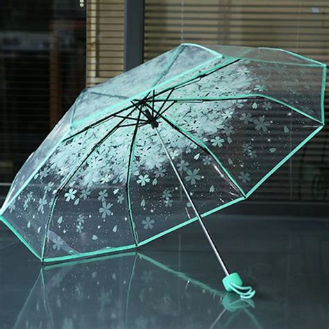 fold sun rain umbrella rain tools woman flowers transparent