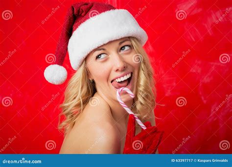 Woman Licking Candy Cane Stock Image Image Of Background 63397717
