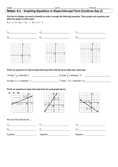 graphing equations  slope intercept form printable