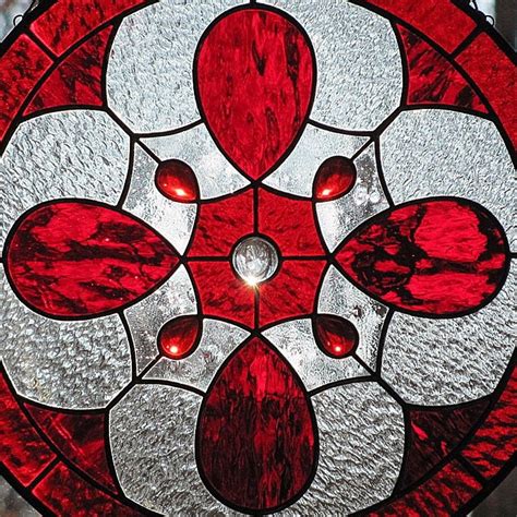 Red Stained Glass Round Suncatcher Panel Abstract Design