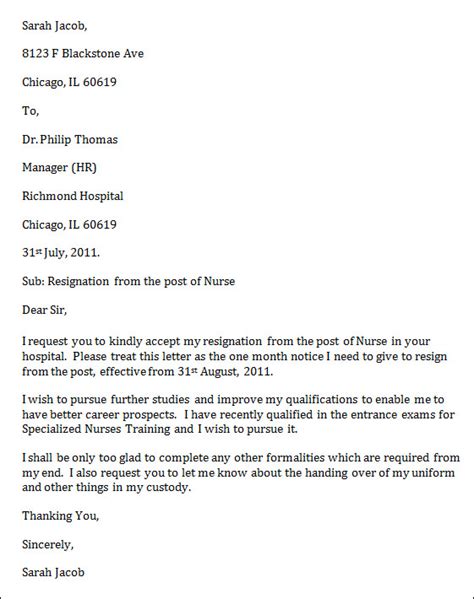 write  nursing resignation letter format template