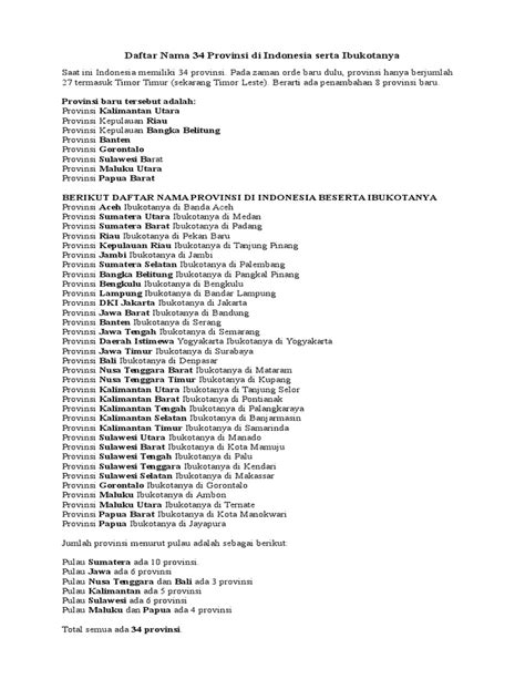 daftar nama 34 provinsi di indonesia serta ibukotanya doc