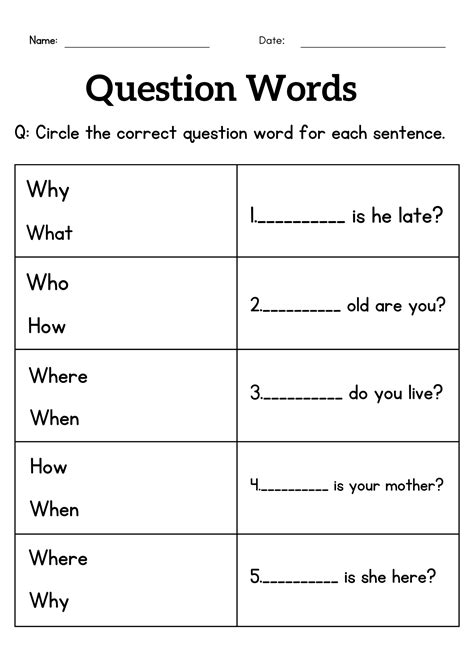 question words worksheet  grade    wh questions exercises  kids teaching resources