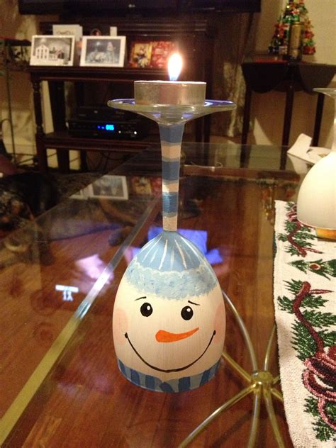 Snowman Candle Holder Made From A Wine Glass Christmas Crafts