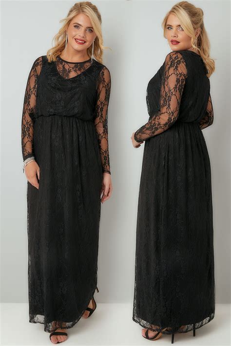 Black Lace Long Sleeve Maxi Dress With Elasticated Waist Plus Size 16