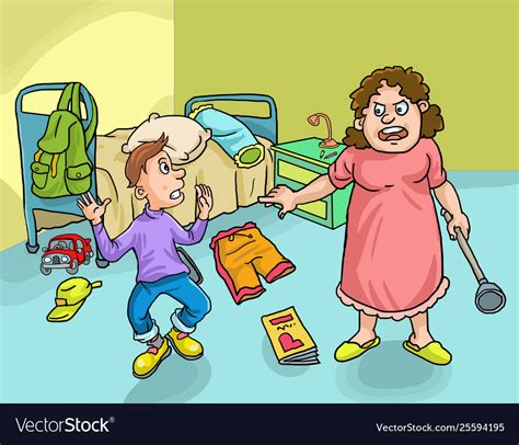 angry mother looking at messy bedroom royalty free vector